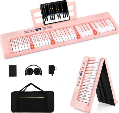 Zdjęcie produktu dla Składana klawiatura elektroniczna z 61 klawiszami i MIDI, różowa