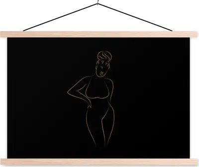 Produktbild von MuchoWow® Textilposter Frau - Schwarz - Gold - Strichzeichnung 120x80 cm mit holzfarbenen Rahmen - Aufhängeset