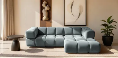 Produktbild von Ecksofa Designersofa BLANCHE in Stoff Bluvel Graublau Ottomane Rechts