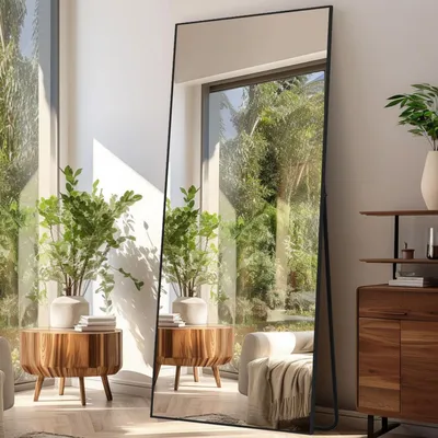 Image de Miroir mural pleine longueur, dimensions 180 x 76 cm, couleur noire, structure en alliage d'aluminium