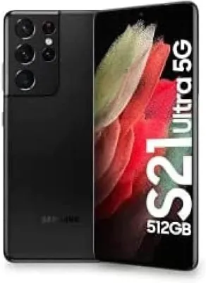 A black Samsung Galaxy S21 Ultra 5G smartphone is shown with its screen displaying colorful abstract graphics and text.