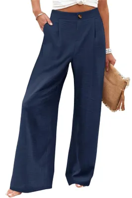 Produktbild von ASKSA Damen Weite Bein Hose Hohe Taille Leichte Sommerhose Palazzo Baggy Casual Freizeithose mit Taschen Dunkelblau XL