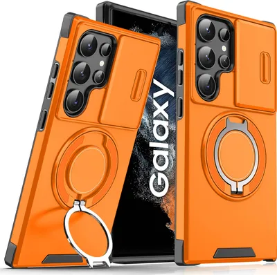 Obrázek produktu pro Dvouvrstvé pouzdro pro Samsung Galaxy S22 Ultra 5G, s posuvným krytem fotoaparátu a magnetickým kroužkovým stojánkem Pomerančový