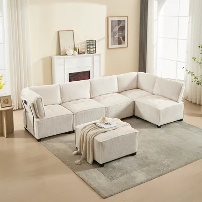 Produktbild von LVHOM Modulares Sofa U Form 308 x 82 x 154 cm, 6-Sitzer mit Schlaffunktion, Modular Cord Ecksofa, umwandelbares Schaumstoffsofa, Sofagarnitur, Beige