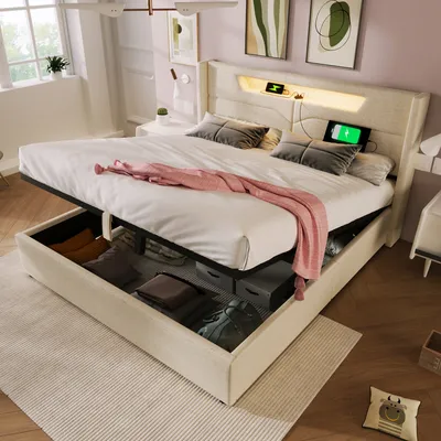 Produktbild von Flieks Polsterbett 160x200 mit USB und Typ C, Boxspringbett mit Lattenrost, Jugendbett mit LED, Hydraulisches Stauraumbett Doppelbett, Leinen, Beige