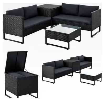 Produktbild von Outdoor Polyrattan Lounge Santorini - Gartenlounge mit Beistelltisch und Auflagenbox - Gartenmöbel Set wetterfeste Rattan Sitzecke - Schwarz