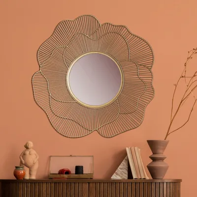 Wandspiegel Rose 77 cm Metall Design Hängespiegel Gold - Eisen Dekospiegel Rund - Spiegel Wand Groß Blütenform - Flurspiegel Garderobenspiegel Modern_#sku_SAFWL7.122#