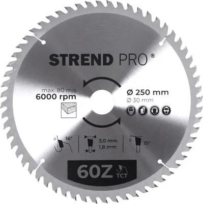 Immagine prodotto di Disco Strend Pro TCT 250x3.0x30/20 mm 60T, per legno, per sega, con inserti in metallo duro