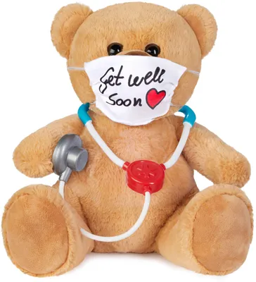 Image de Ours en peluche Brubaker avec masque et stéthoscope - Get Well Soon - 35 cm - Ours en peluche médecin - Peluche câline - Marron clair