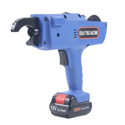 A blue automatic rebar tying machine with a black gripping mechanism and a black battery pack is shown against a white background.
