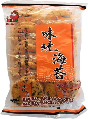A bag of Bin Bin Spicy Rice Crackers with Seaweed.