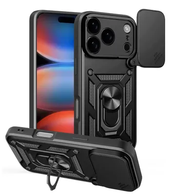 Productafbeelding van MobyDefend Hoesje - Geschikt voor iPhone 17 Pro Max - Pantsercase Met Draaibare Ring - Zwart