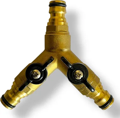 Produktbild von Y Verteiler Verteilerstück absperrbar 2 Kugelhähnen Messing Steckkupplung