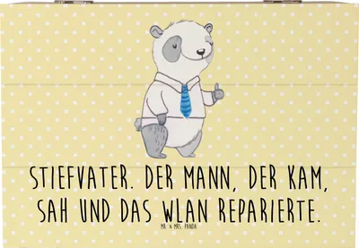 Produktbild von Mr. & Mrs. Panda Box Stiefvater Held 22 x 15 cm - Gelb Pastell - Geschenk, Familie Verwandte, holzkästchen, fotobox, Mann, Truhe, Lächeln, holz, Aufbewahrungskiste