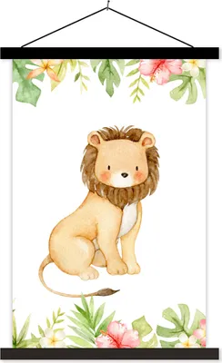 Produktbild von MuchoWow® Textilposter Löwe - Dschungel - Blumen - Blätter 40x60 cm mit schwarzem Rahmen - Wanddekorationen
