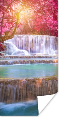 Produktbild von MuchoWow® Poster Wasserfall - Regenbogen - Bäume - Rosa - Natur 60x120 cm - Wandschmuck