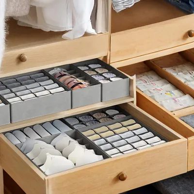 Obrázek produktu pro SONGMICS, skládací úložné boxy na prádlo, sada 8 kusů, organizéry do šatní skříně, úložné boxy na ponožky, podprsenky, kravaty, šedá barva