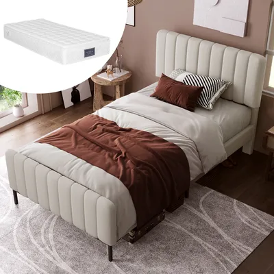 Image de Sweiko Lit rembourré Lit simple avec tête de lit réglable et sommier à lattes, lin, 90 x 200 cm, beige(Avec matelas)