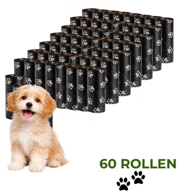 Produktbild von Ale-commerce Hundekotbeutel 60 Rollen Schwarz 900 Beutel Reißfest Antigeruch Hundebeutel mit Pfotenmuster Passend Für Kotbeutelspender Kotbeutel