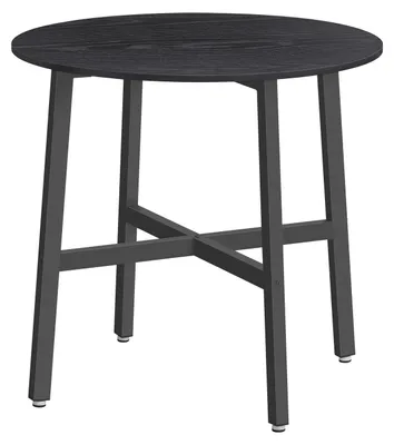 Image de Table ronde de cuisine au design industriel, idéale pour un bureau. Finition : noir ébène et noir encre. Dimensions : 80 x 80 x 75 cm