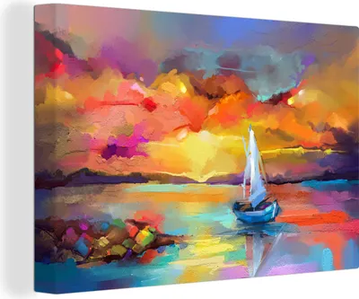 Produktbild von OneMillionCanvasses® - Leinwandbilder - 140x90 cm, Malerei - Ölfarbe - Boot - Farben, Wandbilder Kunstdruck Wanddekoration - Foto auf Leinwand - Gemälde auf Holzrahmen