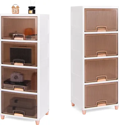 Two white storage cabinets with brown drawers are shown against a white background.