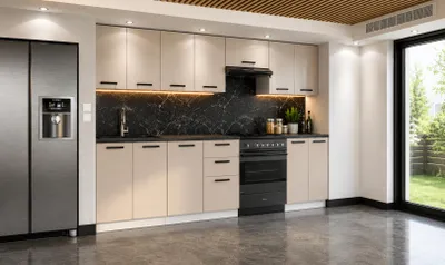Produktbild von ULWEHOME | Küchenzeile 280 cm Kaschmir, Küchenmöbel-Set Beige mit Spülenschrank, 3-Schubladen-Unterschrank & geteilten Arbeitsplatten 140 cm, KI-generiertes Bild