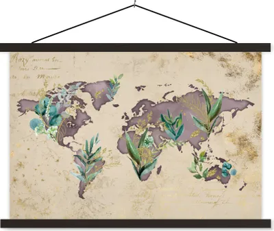 Produktbild von MuchoWow® Textilposter Weltkarte - Vintage - Gold 90x60 cm mit schwarzem Rahmen - Aufhängungssatz