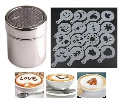 Productafbeelding van Ibenzoa® chocoladestrooier van voedselveilig roestvrij staal met een fijn zeefje en een vochtbestendig plastic deksel, inclusief 16 PP-koffiemotieven – een decoratieset voor koffie en desserts