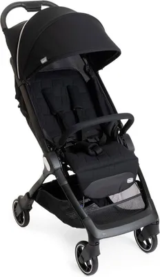 A black Chicco We lightweight stroller is shown against a white background.
