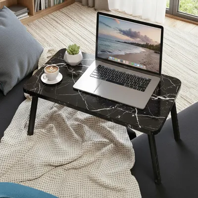 Produktbild von Carenza Home Laptoptisch Klappbar Schwarz Marmor Look Holzwerkstoff Betttisch Faltbar Sofatisch 59x35cm Höhe 24cm