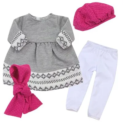 Obrázek produktu pro Sophia's od Teamson Kids Fair Isle 18 palcová sada oblečení pro panenky, šedé šaty pro panenky s legínami, čepicí a šátkem, 4 dílný obleček pro panenky, oblečení pro panenky