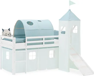 Image de Lit superposé 90x200 cm avec Toboggan Lit mezzanine en Bois Pin Massif Lit d'enfant Cadre de Lit Rideau Tour Tunnel Vert
