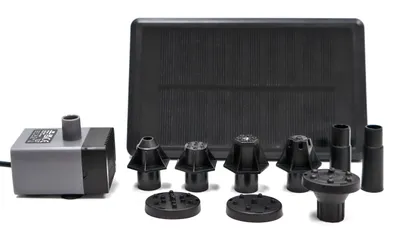 A solar-powered water feature pump set with various nozzle attachments and a solar panel, displayed on a white background.
