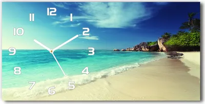 Produktbild von Wanduhr aus Glas – 60x30 cm - Glasbild - Glasuhr - Gehärtetes Glas - weisse-zeiger - Seychellen-Strand