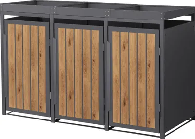 Zdjęcie produktu dla ML-Design 3-pojemnikowy pojemnik na odpady z daszkiem do sadzenia, pokrywa na 3 pojemniki na odpady, 240 l, 196x80x124 cm antracytowa stal drewnopodobna, pojemnik na odpady z drzwiczkami