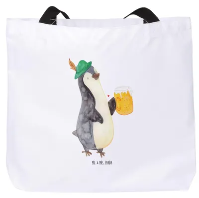 Produktbild von Mr. & Mrs. Panda Strandtasche Pinguin Bier - Weiß - Geschenk, , Beschwippst, Laptoptasche, Unitasche, Feierabend, Tote Bag, Schultasche, Pinguine, Tasche