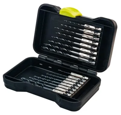 Imagen del producto de Juego de brocas para metal y madera, de 16 piezas, con vástago hexagonal, en una resistente caja de transporte