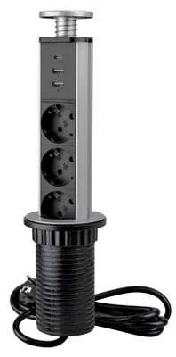 Produktbild von Emuca - Versenkbare Steckdosenleiste Schnellladung, 3 EU Schuckosteckdosen, 2 USB A + 1 USB C, versenkbare einbausteckdose, Metallic-grau, Kunststoff, Aluminium