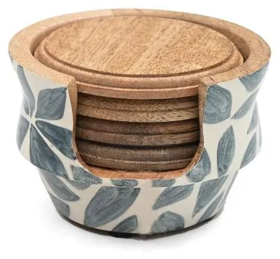 Immagine prodotto di Only Natural – Sottobicchieri in legno, set da 4 – Bianco / Blu – 12 x 12 cm