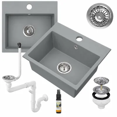 Immagine prodotto di Granitan - Lavello in granito - Lavandino 45x42 cm - Lavello cucina grigio - con miscelatore - MILOS