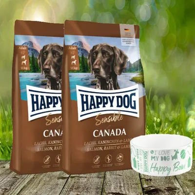 Produktbild von Happy Dog Sensible Canada 2 x 11 kg + Happy Dog Futternapf geschenkt