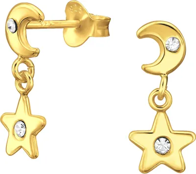 Produktbild von Ohrringe Ohrstecker 925 Sterling Silber vergoldet Ohrhänger Mond und Stern mit Kristallen Material - Silber vergoldet