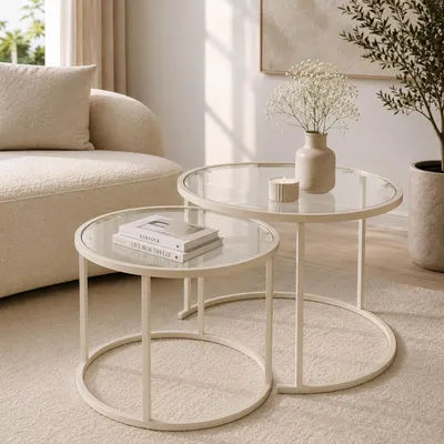 Produktbild von Skye Decor, Hochwertiges Nesting-Tischset (3 Teile) - Beige, 100% Glas & Metall