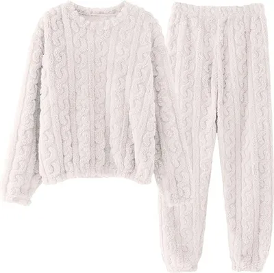 Produktbild von Damen Kuscheliger Fleece Pyjama Set in Rosa, Langarm Kabelstrick Schlafanzug mit Jogginghose, Weiche Flanell Nachtwäsche Loungewear für den Winter, Einheitsgröße, Weiß