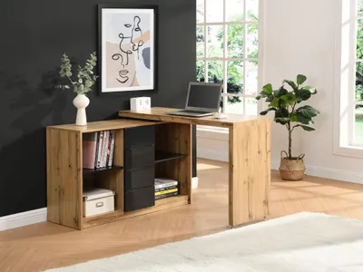 Produktbild von Ausziehbarer Schreibtisch mit 360° drehbarer Platte - MDF - Holzfarben & Schwarz - PAVELO
