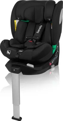 A black car seat with a silver support leg, shown on a white background.