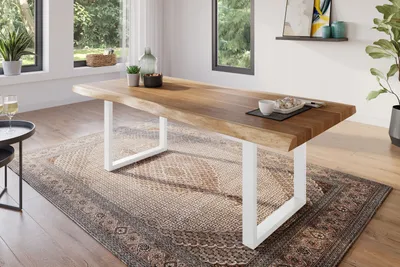 Produktbild von Esstisch 220 x 100 cm Akazie massiv natur Baumkantentisch U-Gestell weiß ATLAS