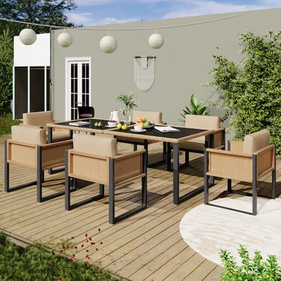 Produktbild von Merax Polyrattan-Esstisch-Set für 6 Personen, Gartenmöbel mit abnehmbaren Stoffbezügen - Elegantes und robustes Design für Außenbereich