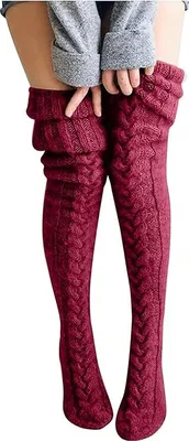 Produktbild von Damen Strümpfe Strick Overknee Socken Dicke Warme Überknie Kniestrümpfe Trachtenstrümpfe Grobstrick Wintersocken Thermosocken Lange Weihnachtssocken Kuschelsocken für Frauen, Rotwein